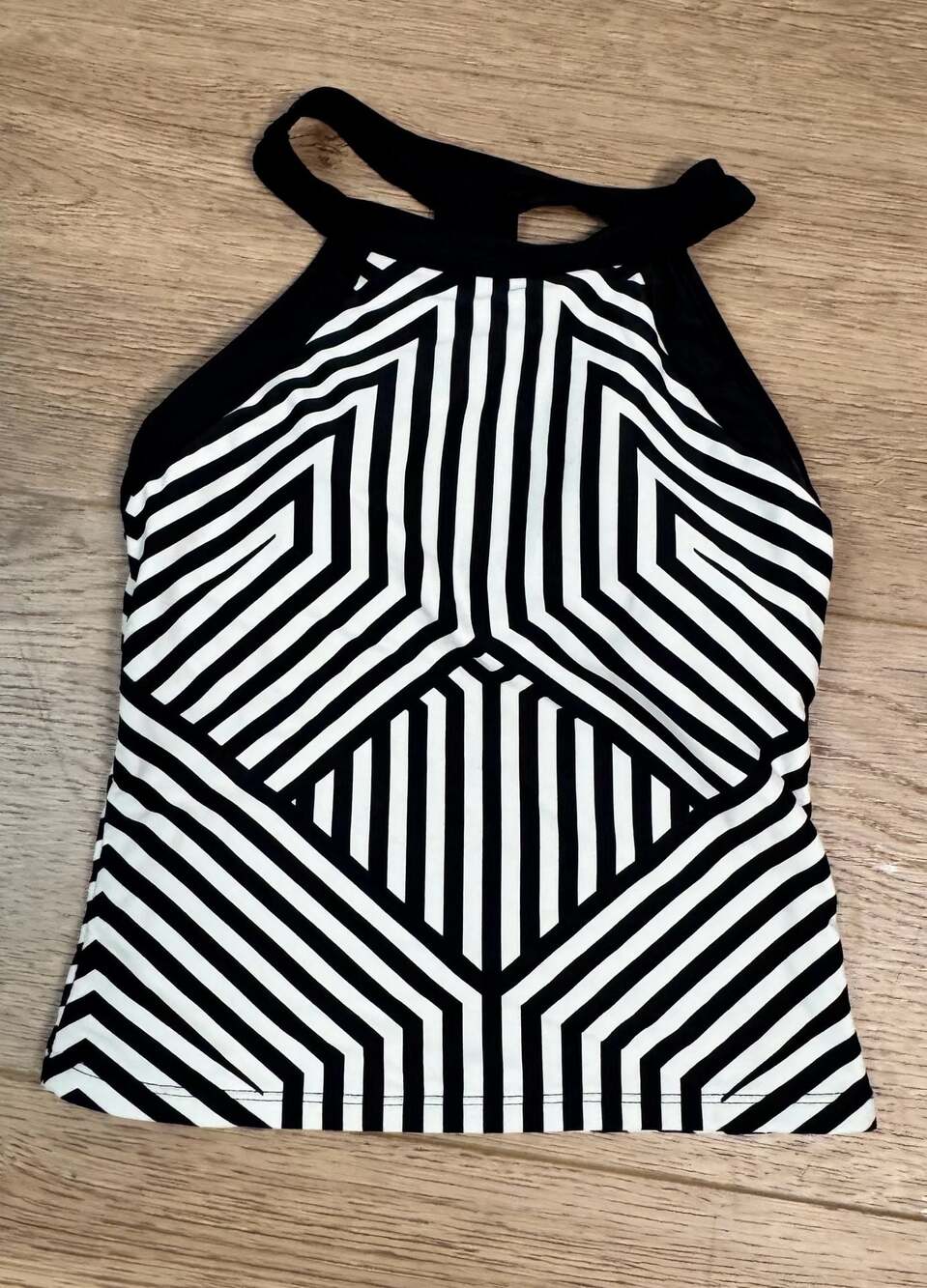 RAD Swim Black and White Geometric Stripe Halter Tankini Top, size XS